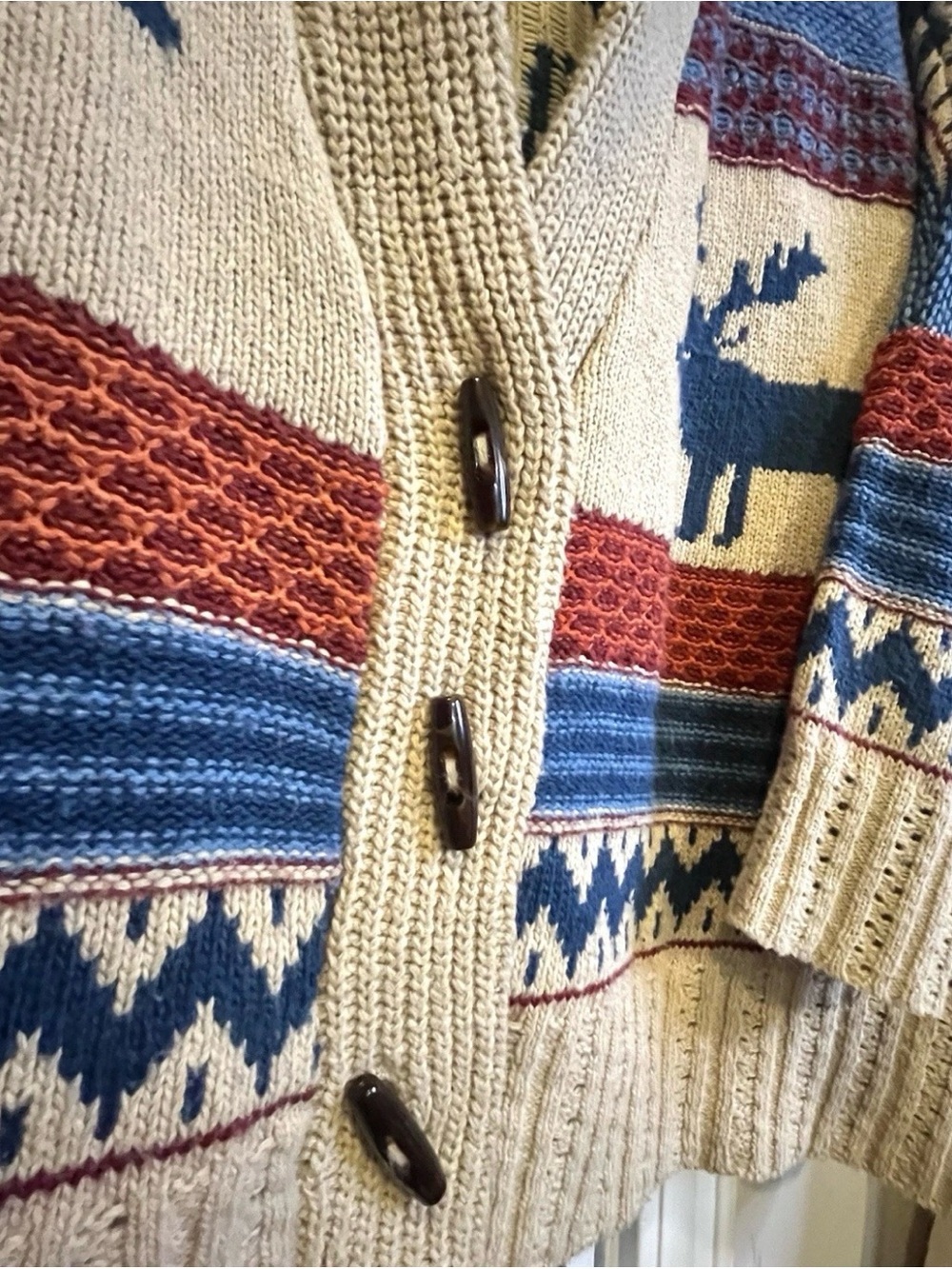Oversized Chunky Knit Fair Isle Shawl Collar Sweater Moose Blue L XL Gorpcore - Picture 4 of 8